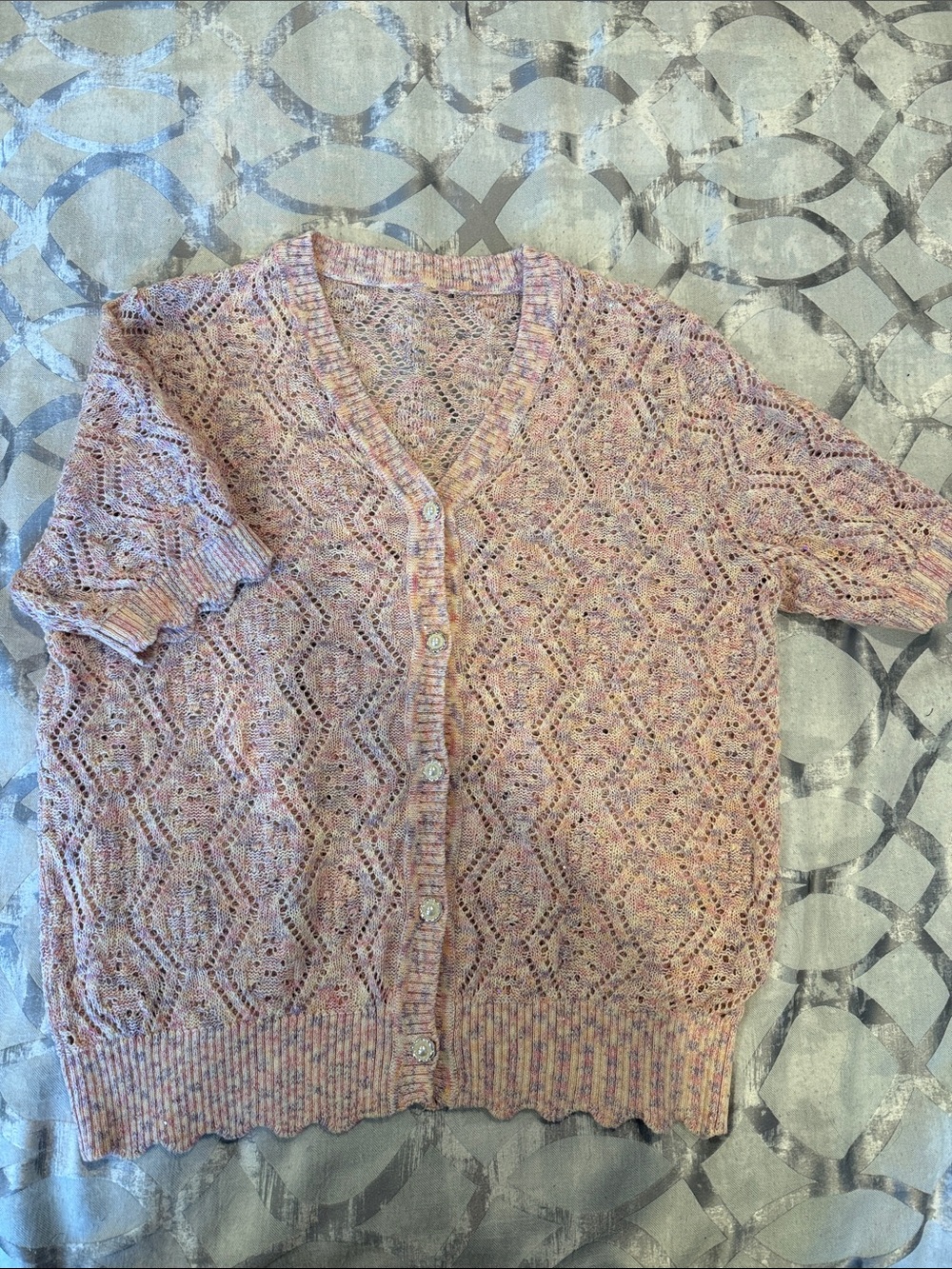 Light Pink Openwork Button-Front Cardigan Sweater with sequins.
